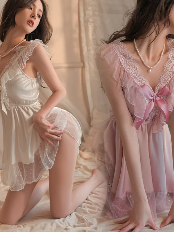 Mode Mini Süßes Kleid Neue Sexy V-ausschnitt Backless Spitze Sheer Transparent Rüschen Dünnes Kleid Elegante 2023 Neue Spice Girls 3ZP2