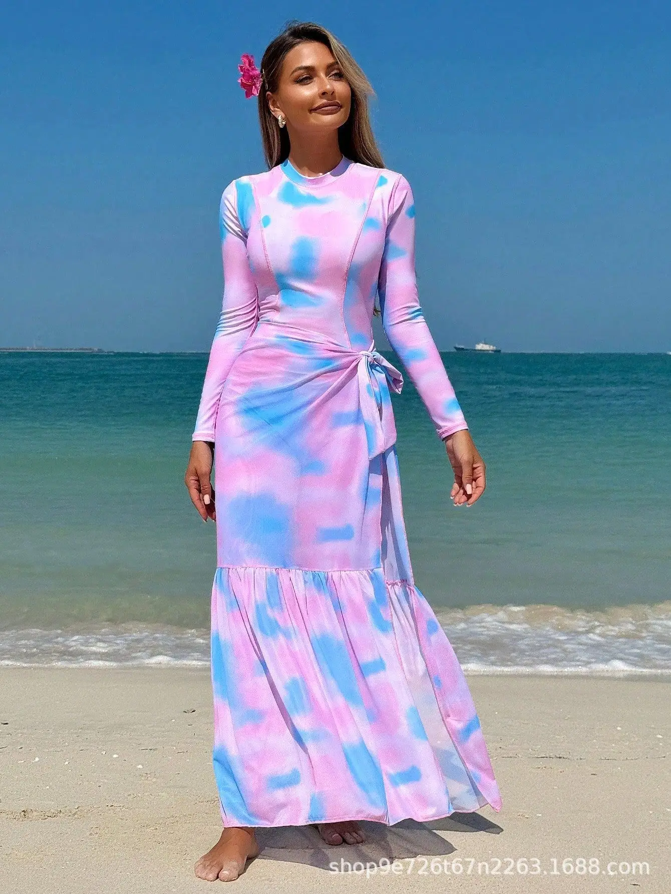 2025 ผู้หญิงดอกไม้สีชมพู Surf ชุดกระโปรงผู้หญิงว่ายน้ํา COVER UP & Slimming One Piece Beach Rash GUARD ชุดแขนยาวชุด