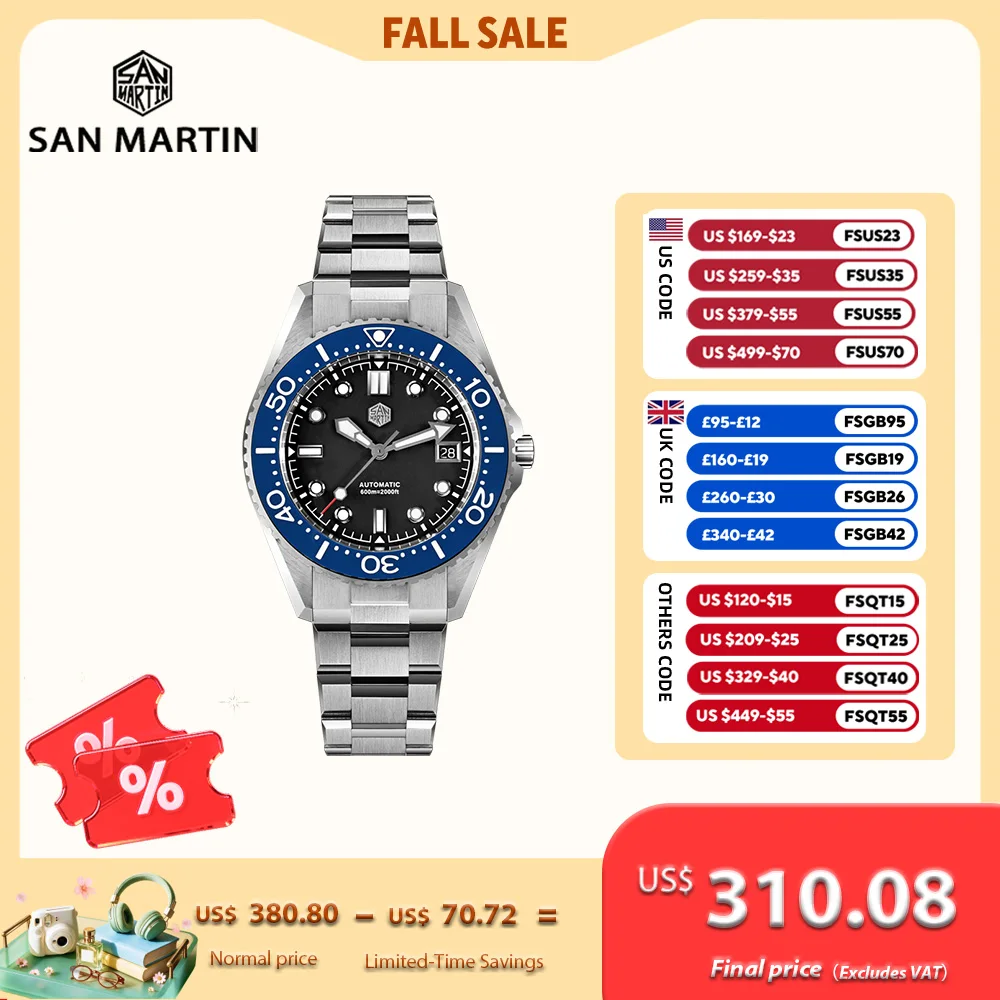 San Martin 41mm ST2130 Sport Diving Men's Automatic Watches Sapphire 3H Date 60ATM Helium Escape Valve BGW-X1 Reloj SN0036C