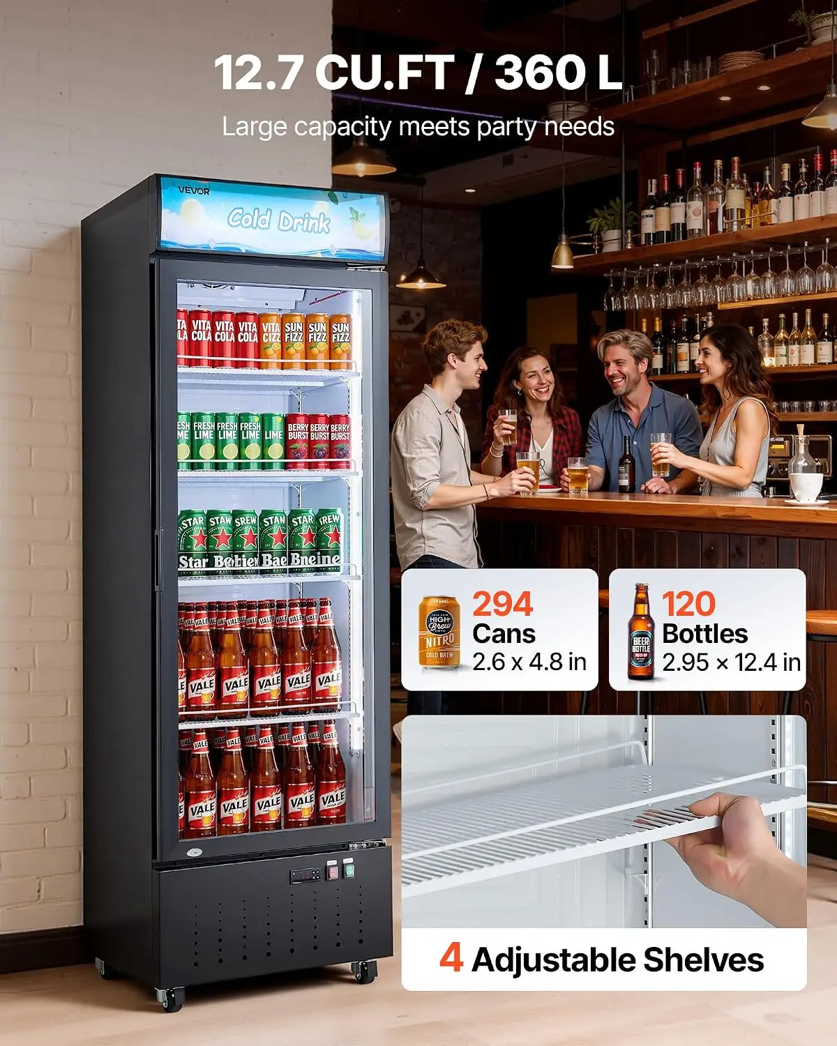 Commercial Merchandiser Refrigerator, 12.7 Cu.Ft / 360 L Glass Door Display Refrigerator, Upright Beverage Cooler with Customiza
