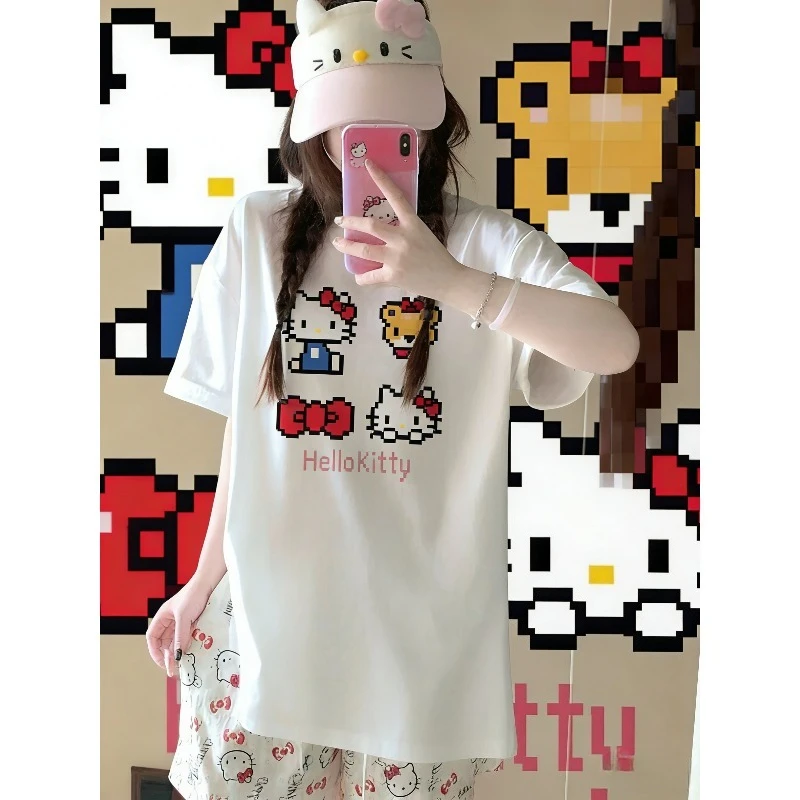 

2Pcs Sanrio Summer Hello Kitty Loose Home Clothing Pajamas Comfortable Female Summer New Short Sleeve Trousers Set Cartoon Sweet