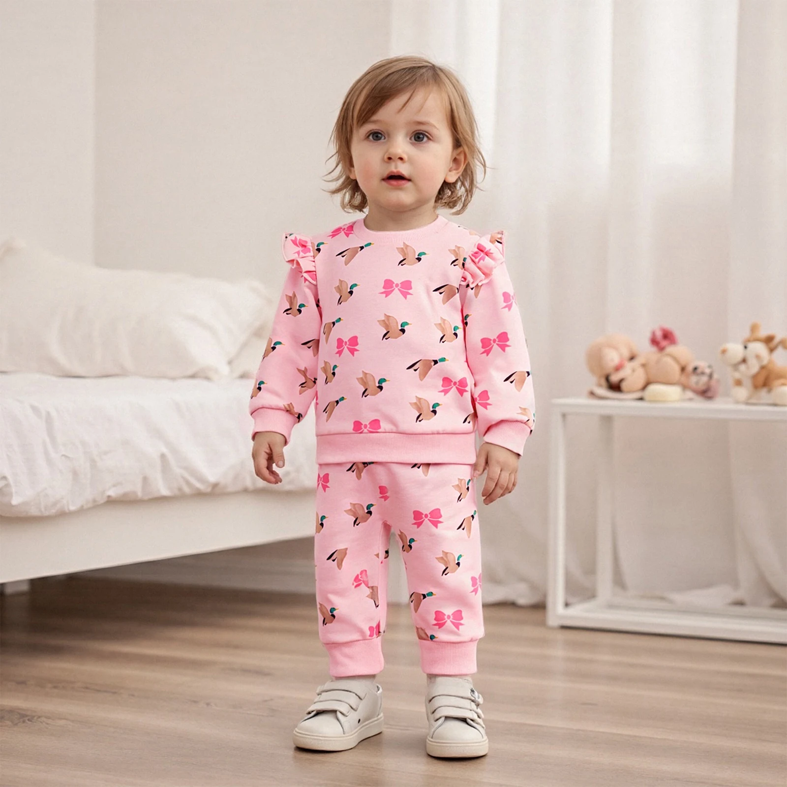 FOCUSNORM 0-3Y طفل رضيع الفتيات الخريف الملابس مجموعات وتتسابق بطة القوس طباعة طويلة الأكمام البلوز البلوز مرونة الخصر السراويل