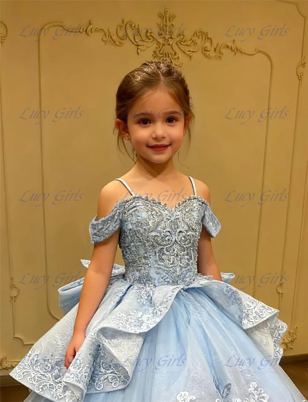Quality Blue Lace Applique Flower Girl Dress for Wedding Beaded Off Shoulder Girls Pageant Dress Layered Girls Ball Gown Dress