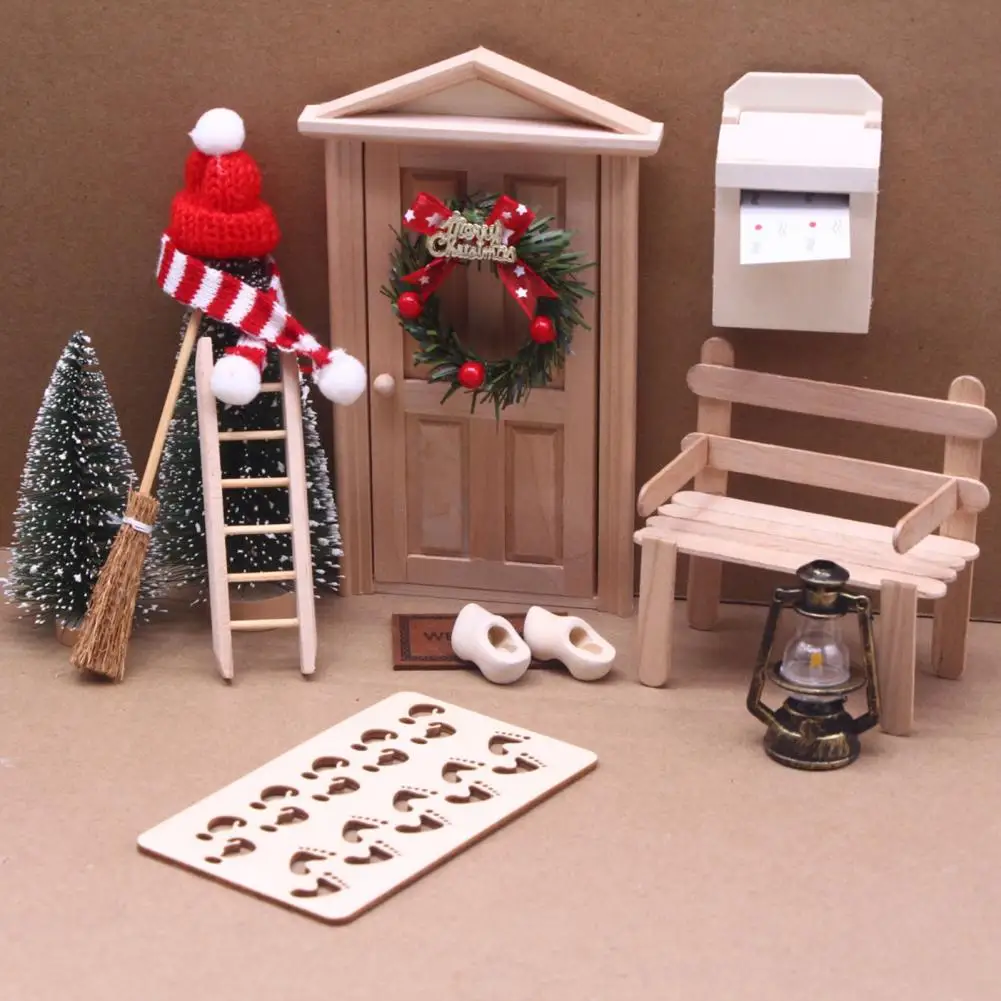 

Gnome Door Accessories Dollhouse Miniature Christmas Magic Tiny Fairy Wooden Elf Door with Post Box Ladder Wreath Kit