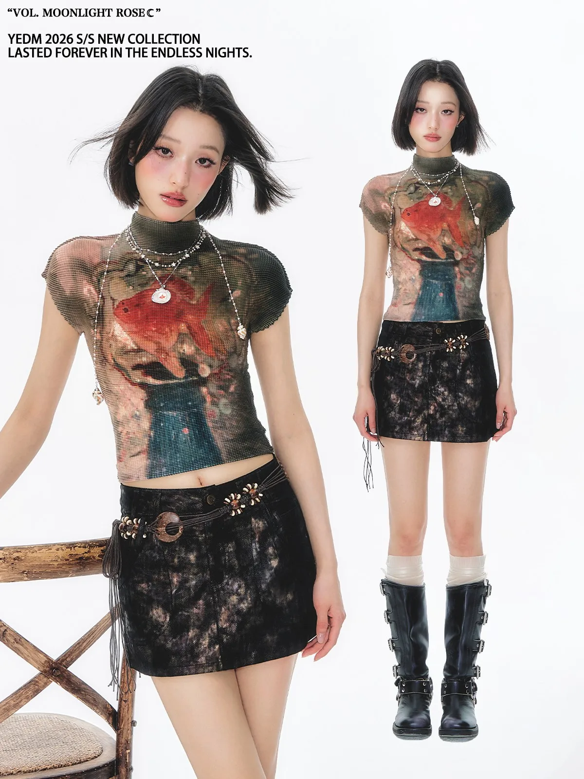 

Millennium Dream Nuclear Gold Fish Short Sleeve Elastic Top Mesh Short Spicy Girl Summer T-Shirt Women's Fashion Retro Style ...