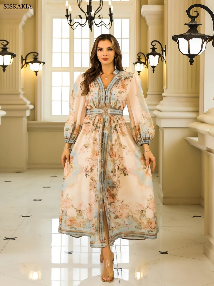 SMT046:Siskakia Ramadan Dubai Floral Print Luxury Women Abayas Muslimc Women Belt included Morocco Bundled Sleeve Dress