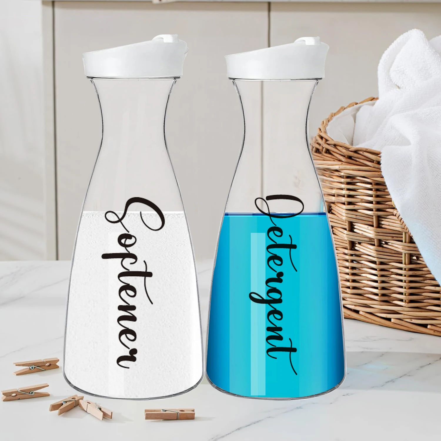 2PCS Storage Bottles Laundry Room Detergent and Softener Dispenser Bottles 1000ML Refillable Laundry Liquid Dispenser with Label
