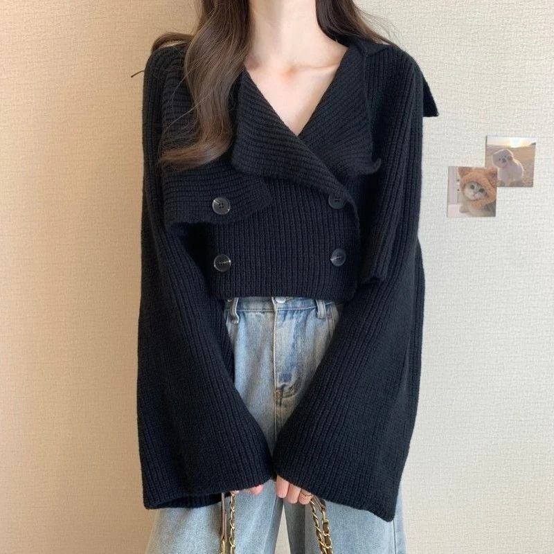 Women's Short Cropped French Relaxed Knitted Cardigan - Collared Long Sleeve Top Versatile Fashionable for Spring/Autumn 2025
