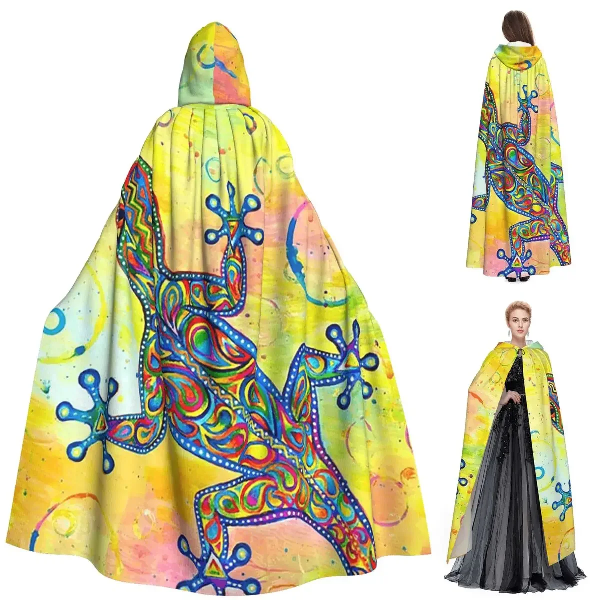 Custom Ethnic Tribal Lizard Salamander Long Hooded Cloak Witch Medieval Costume Cosplay Cape HalloweenCoat Adult Unisex