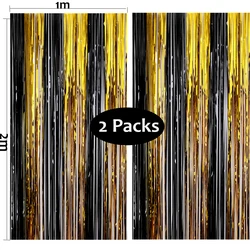 2Pack Black Gold Party Backdrop Foil Curtains Graduation 2026 Metal Foil Tinsel Fringe Curtain Wedding Birthday Party Decor