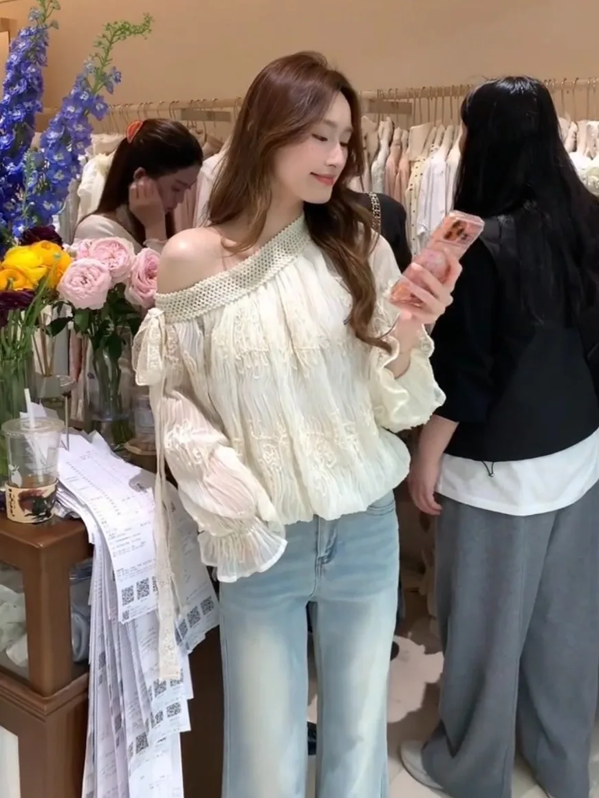 

Sweet Embroidered Asymmetrical oulder Women's irt Spring New Loose Faionable Youthful Sve Long Polyester Blouse