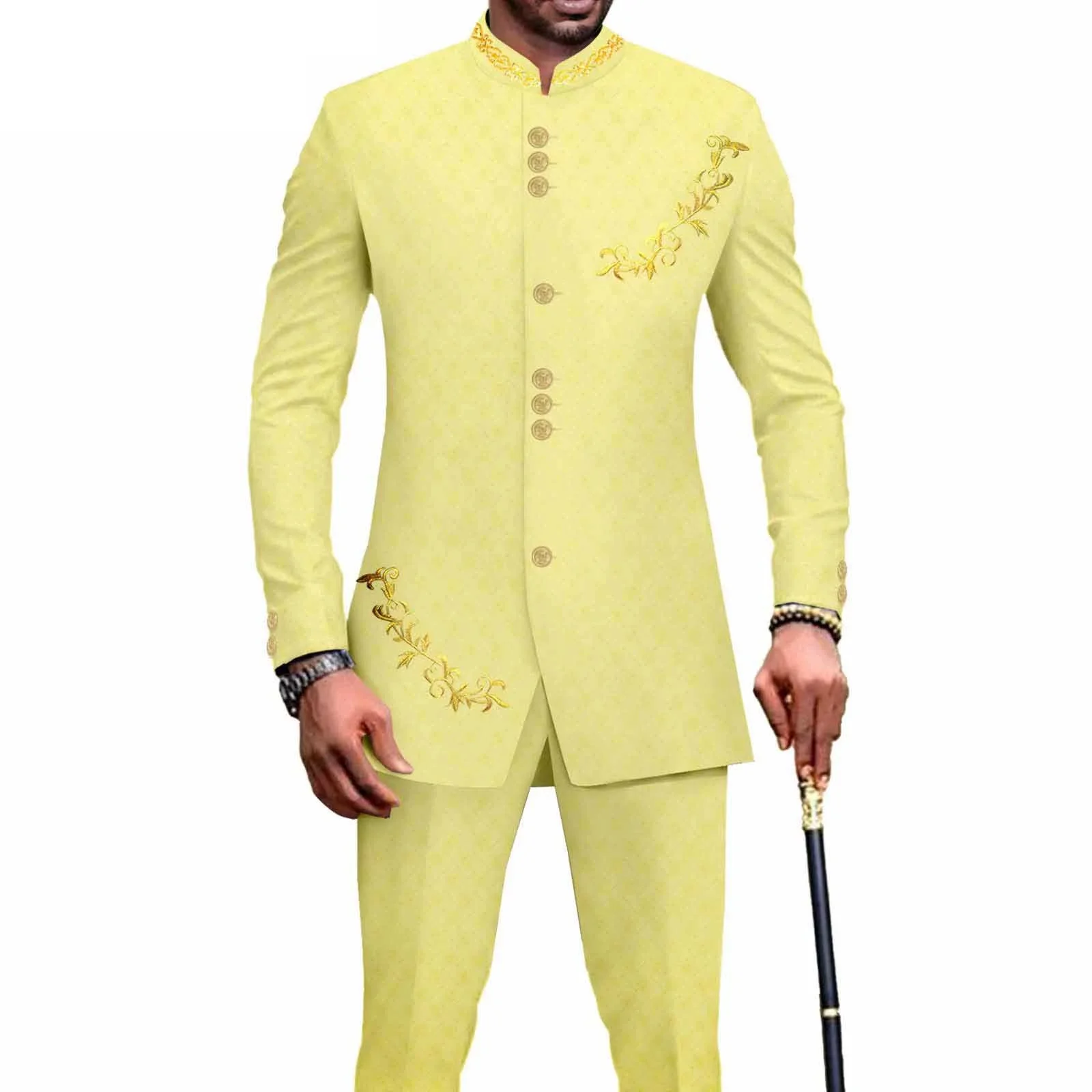 African Clothes for Men Suit 2 Piece Set Blazer Embroidery Jacket Pants Dashiki Traditional Wedding Slim Fit Business A2316059