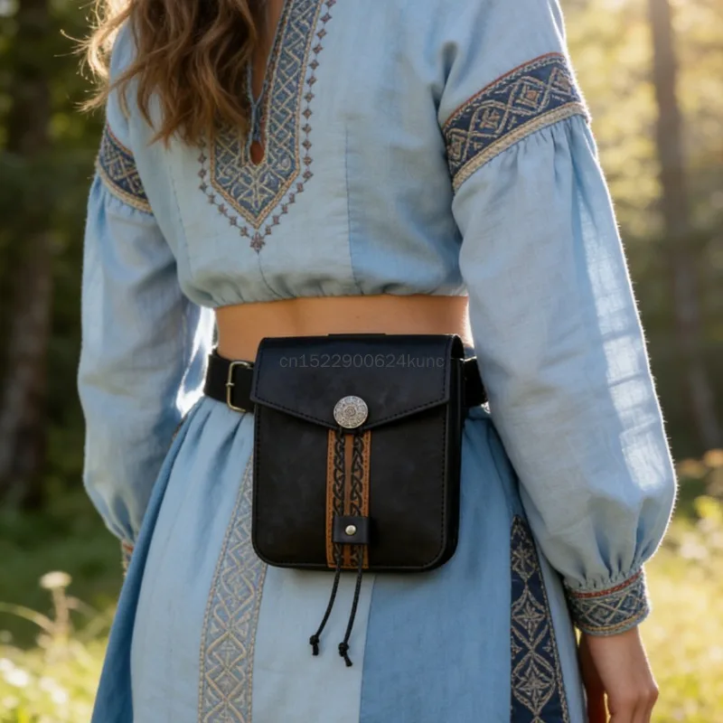 New Medieval Pu Leather Retro Waist Bag Halloween Nordic Renaissance Hunter Knight Cosplay Drawstring Hangable Belt Bag Props