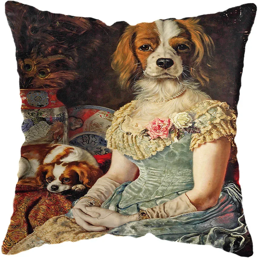 Vintage Painting Cat Dog Animal Pillow Cover Car Decor Cushion Home Sofa Bed