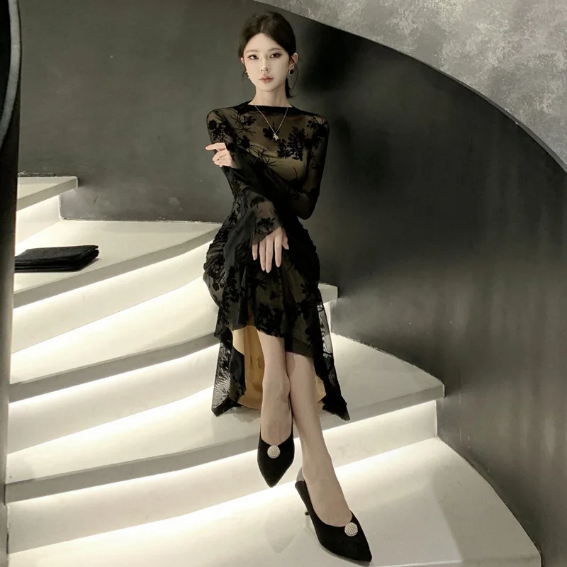Chinese Style Mesh Long Cheongsam Women Black Qipao Sexy Improved Chinese Dress Long Sleeve Elegant Vestidos Vintage Costume