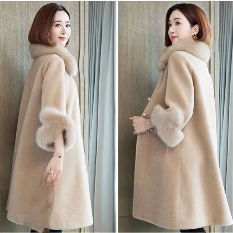 Ladies Imitation Fox Fur Collar Outwear 2024 Women Medium Long Styles Granular Velvet Coat Winter Female Loose Faux Fur Jacket