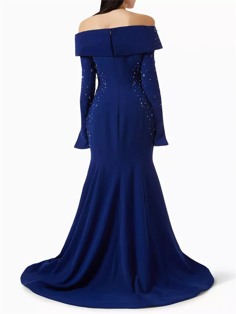 Customized Blue Fish Cut Shoulder Neck Crepe Silhouette Dress With Crystal Raindrops On The Skirt And Mixed Beaded Evening Gown