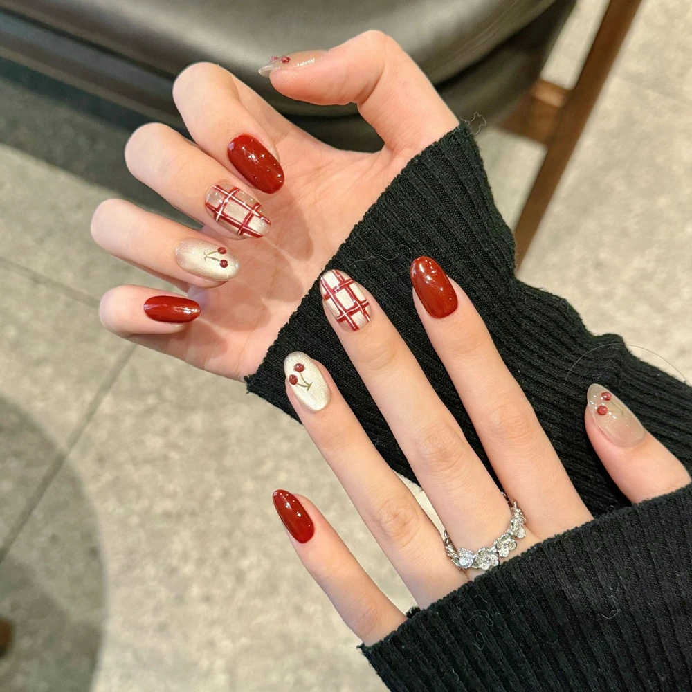 Handmade Short Kawaii False Nails Press on With Design Cherry Fake Nails with Glue Artifical Nail Tips Nail Art for Girls