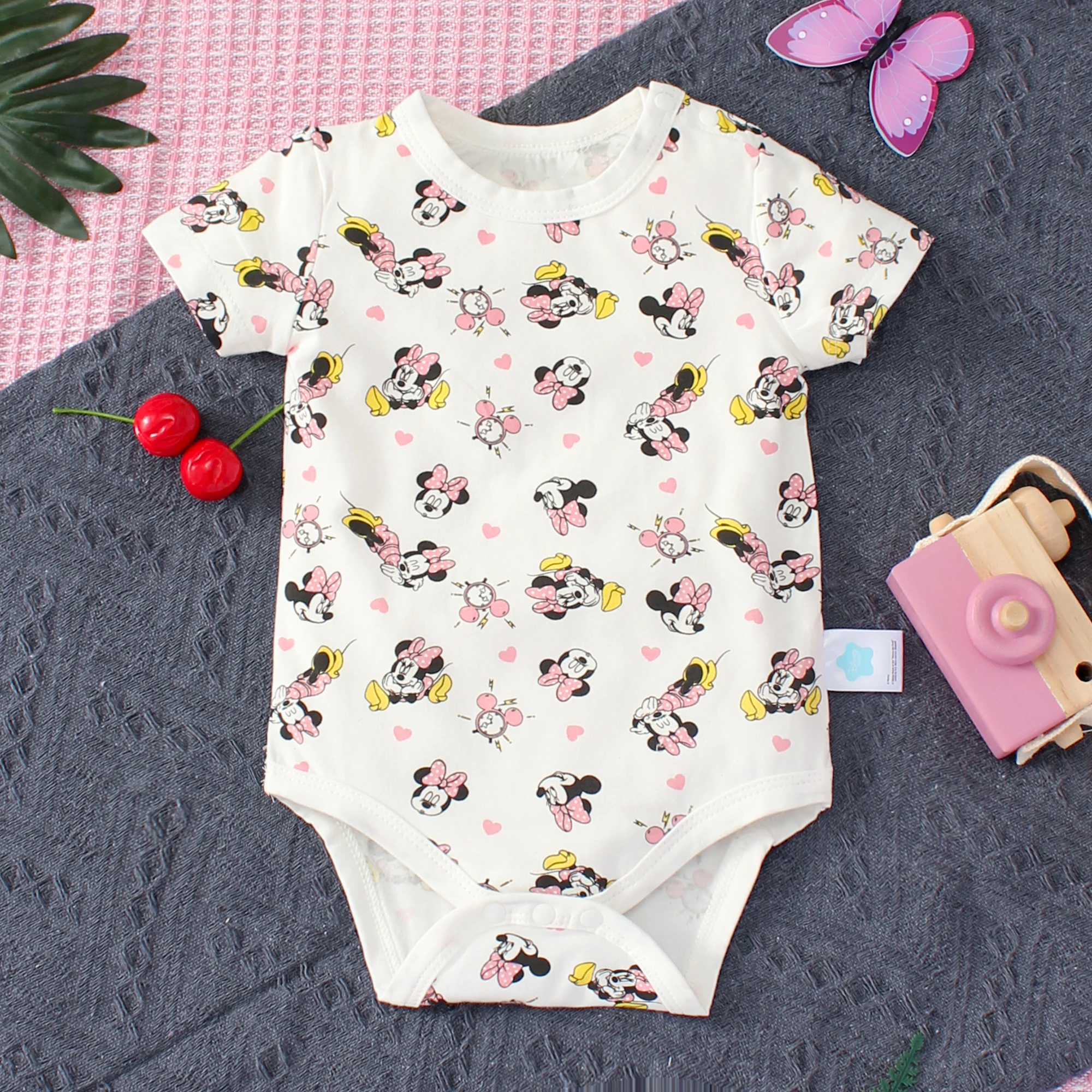 2PCS Summer Disney Girls Baby Minnie Pattern Soft Durable and Breathable Cotton Short Sleeve One Piece Pajamas Cute Kids\' Wear