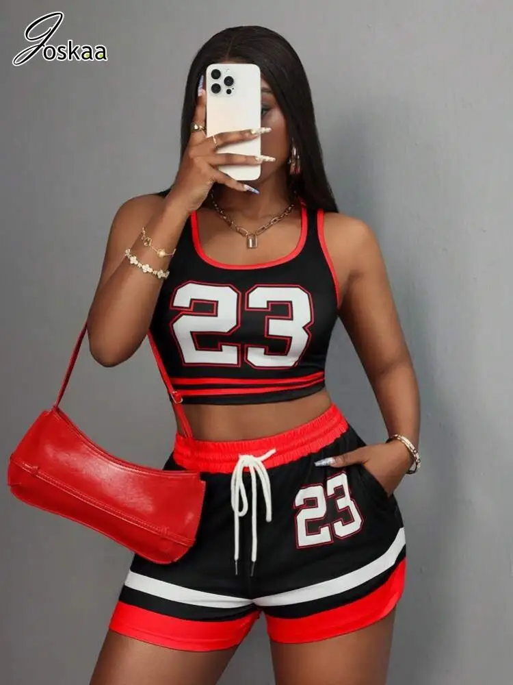 

Joskaa 2025 Summer Women's Color Block Sports 2 Piece Set Casual Crop Tank Top and Drawstring Shorts Matching Workout Tracksuits