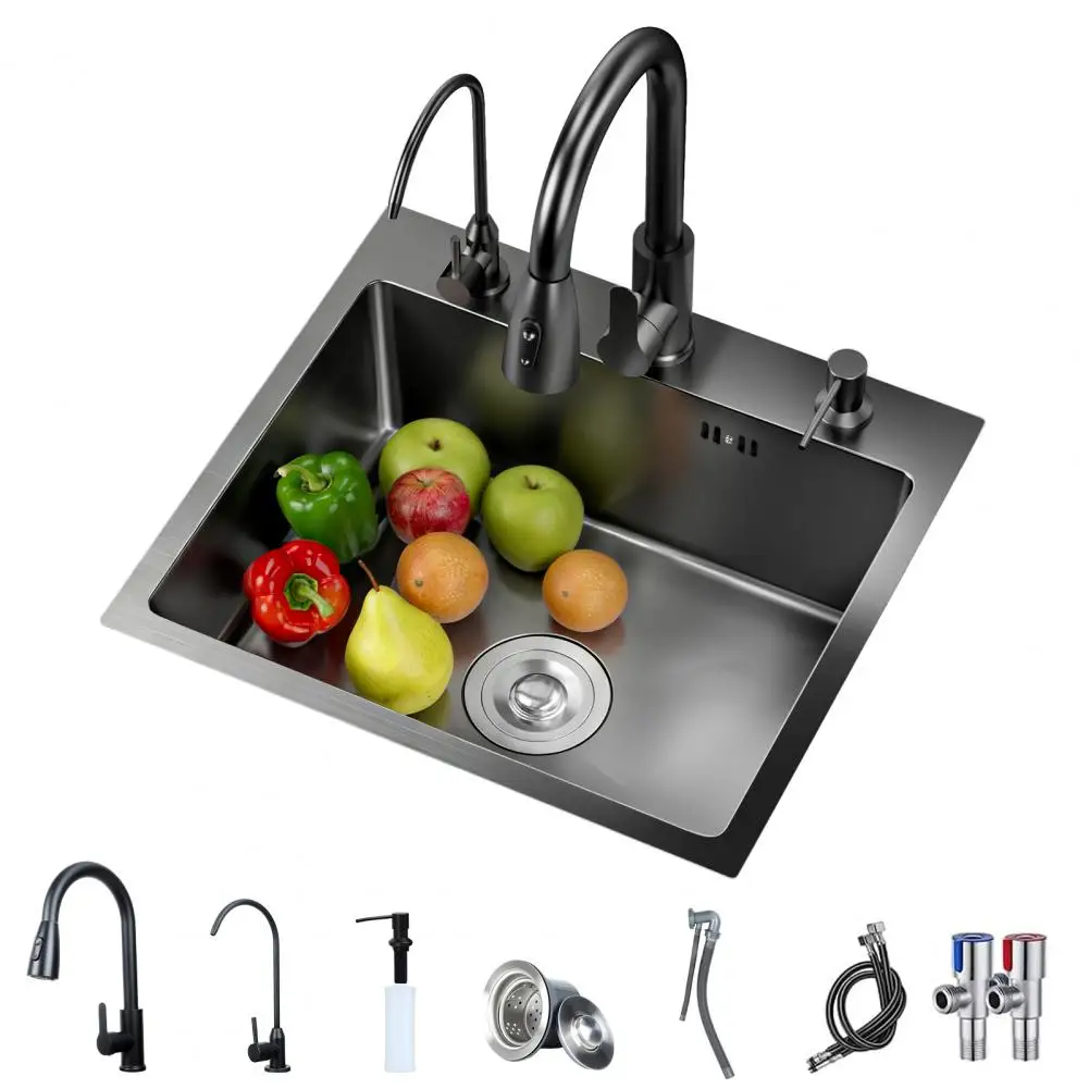 Kitchen Sink, Black Inset Dishwasher Basin, Stainless Steel Single-bowl Faucet Set, Corner Kitchen Workstation Sink