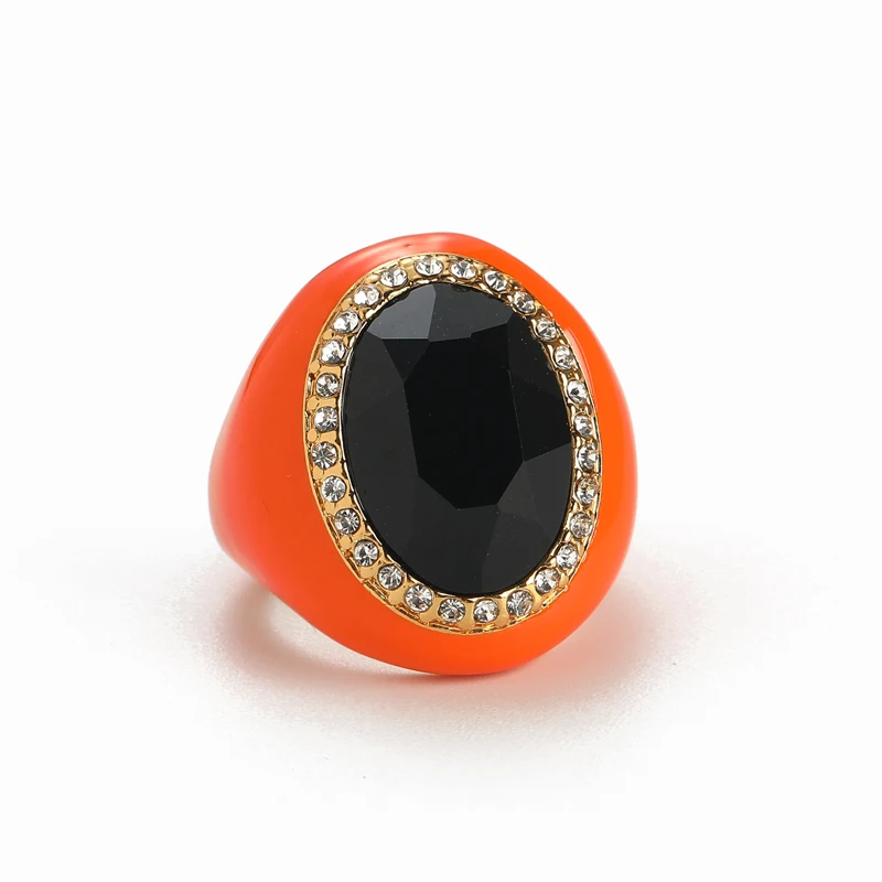 Vintage Schmuck Antik Vergoldete Schwarze Ringe Orange Ovaler Emaille-Kristall-Einlage Luxuriöser Retro Art Deco Damen Bankett-Schmuck 2026 Neu