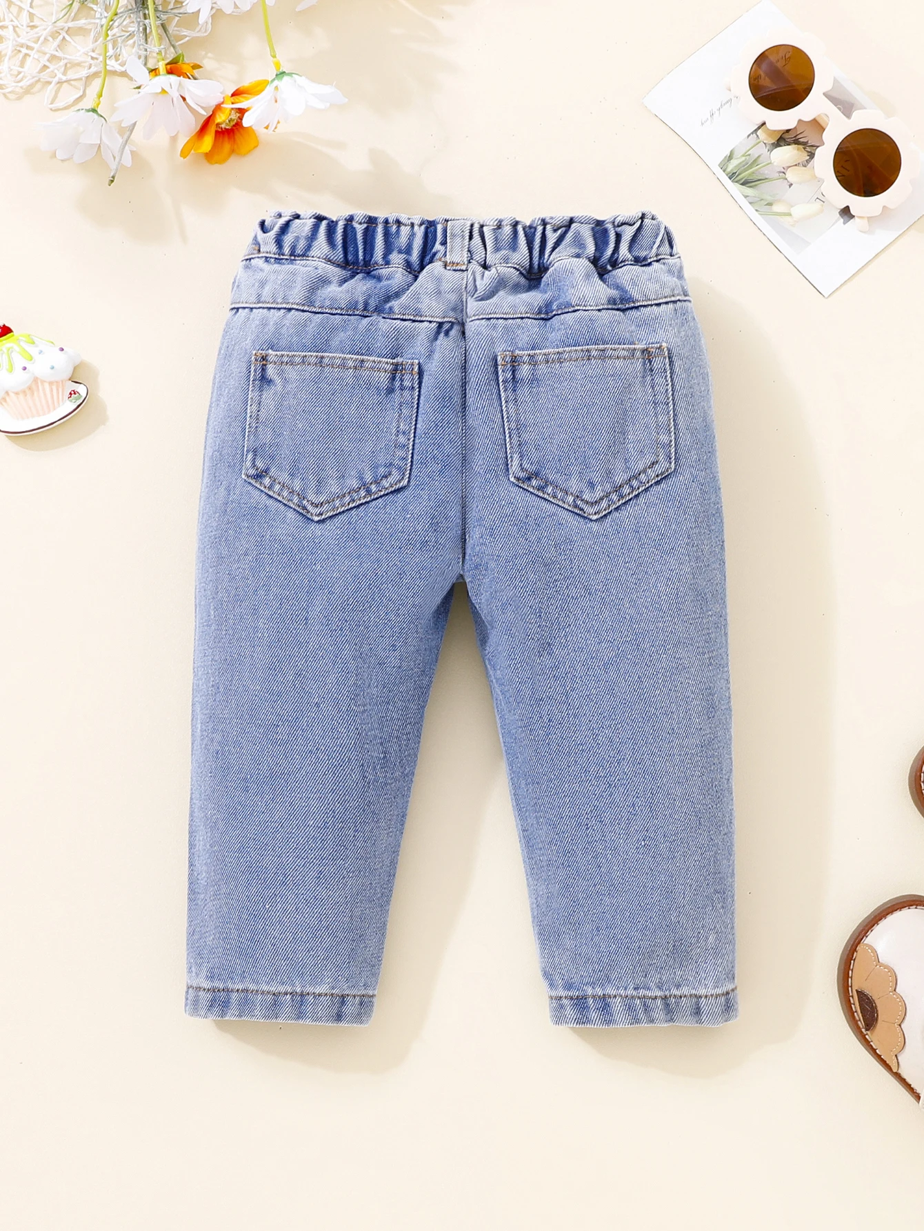 Denim pants for girls baby four seasons embellished copper buckle spray cat beard half round elastic waist back pocket denimblue