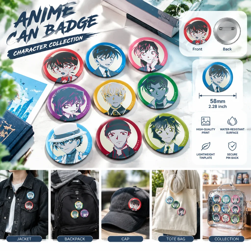 Detective Conan Badge Pin Brooch Anime Manga Shinichi Kudo Ran Mouri Ai Haibara Kaito Kid Cosplay Accessories Gift for Fans