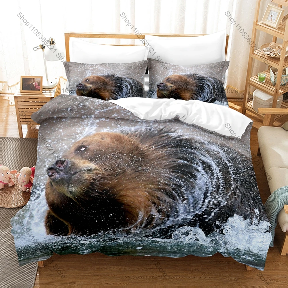 Russia Bear War Bedding Set, Duvet Cover + 2 Pillowcases, Tough Bear & War Element Graphic Bed Linens for Home & Dorm