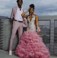 Pink Long Prom Dresses 2025 Luxury Black Girls Bead Rhinestones Ruffles Formal Evening Party Gala Graduation Gowns Customized