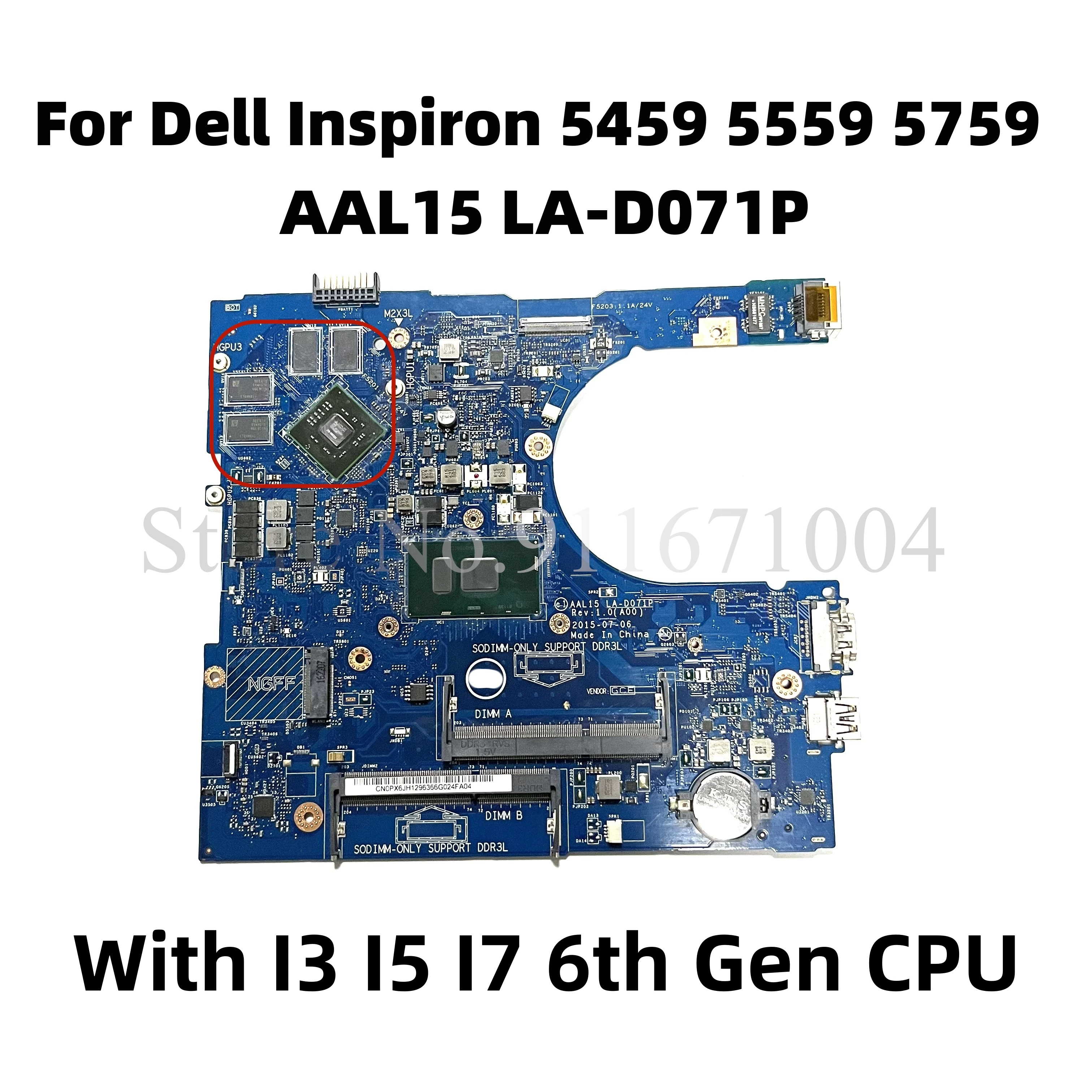 AAL15 LA-D071P For Dell Inspiron 5459 5559 5759 Laptop Motherboard With I3-6100U I5-6200U CPU DDR3L 2GB GPU CN-03JXDM 0677GT