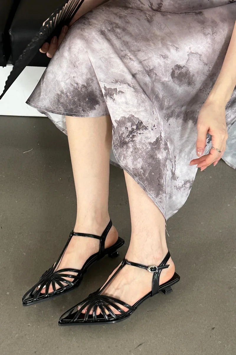 Black Pointed Sandals Summer 2024 New Women Niche Design Female One-line Button Hollow-out Roman High-Heeled Woman Shoes