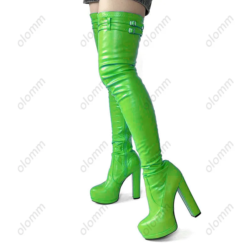 Olomm 2023 Women Spring Crotch Boots Buckle Strap Chunky Heels Round Toe Gorgeous Fuchsia Party Shoes Plus US Size 5-20