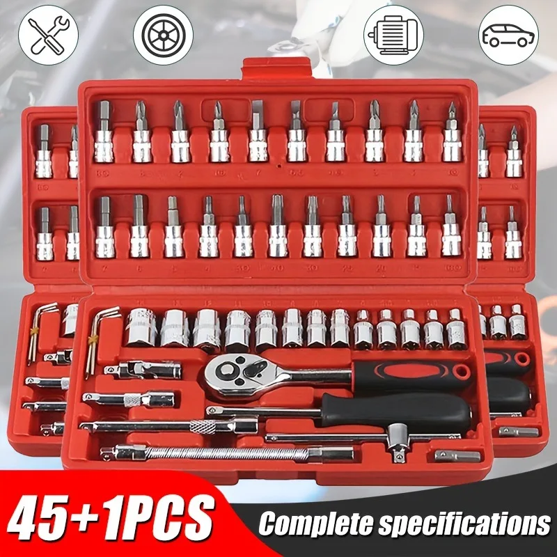 Conjunto de Ferramentas Manuais para Reparo Automotivo com 46 Peças: Chave Catraca Combinada e Soquetes para Carros e Veículos