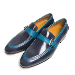 Luxury Men's Leather Casual Shoes Daily Wear with Light Blue Connection Metal Buckle Decorative Comfortable Loafers Shoes