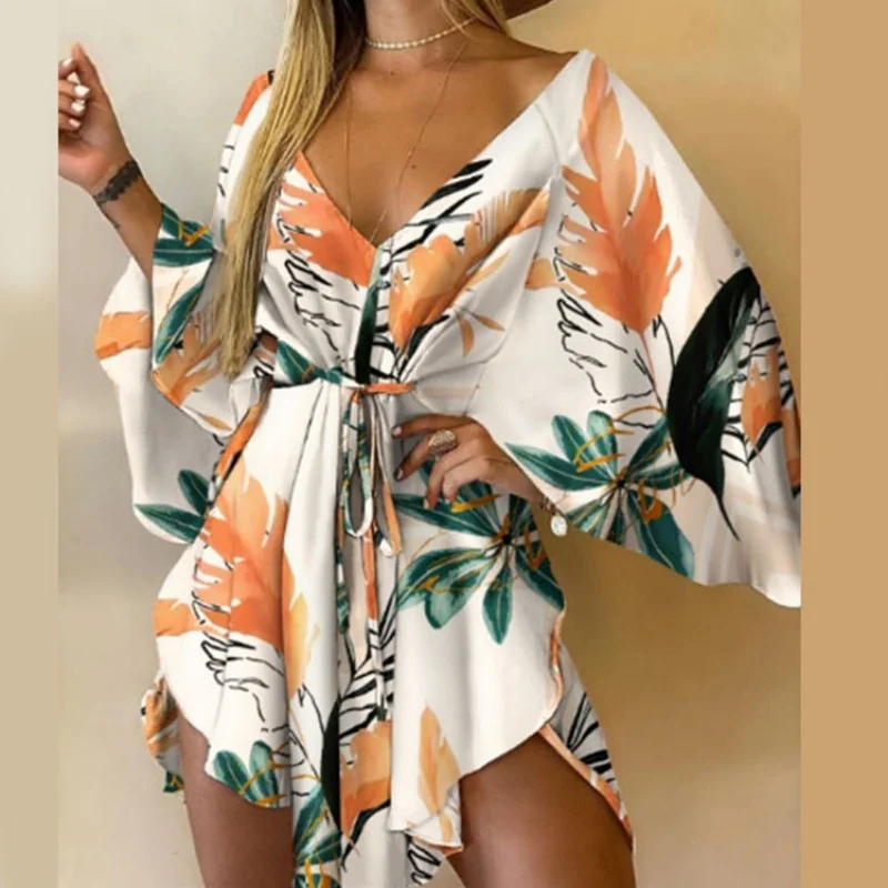 Vestido Kimono con Estampado Floral y Cuello en V para Mujer, con Cintura Ajustable y Dobladillo Asimétrico, para Vacaciones de Verano en la Playa