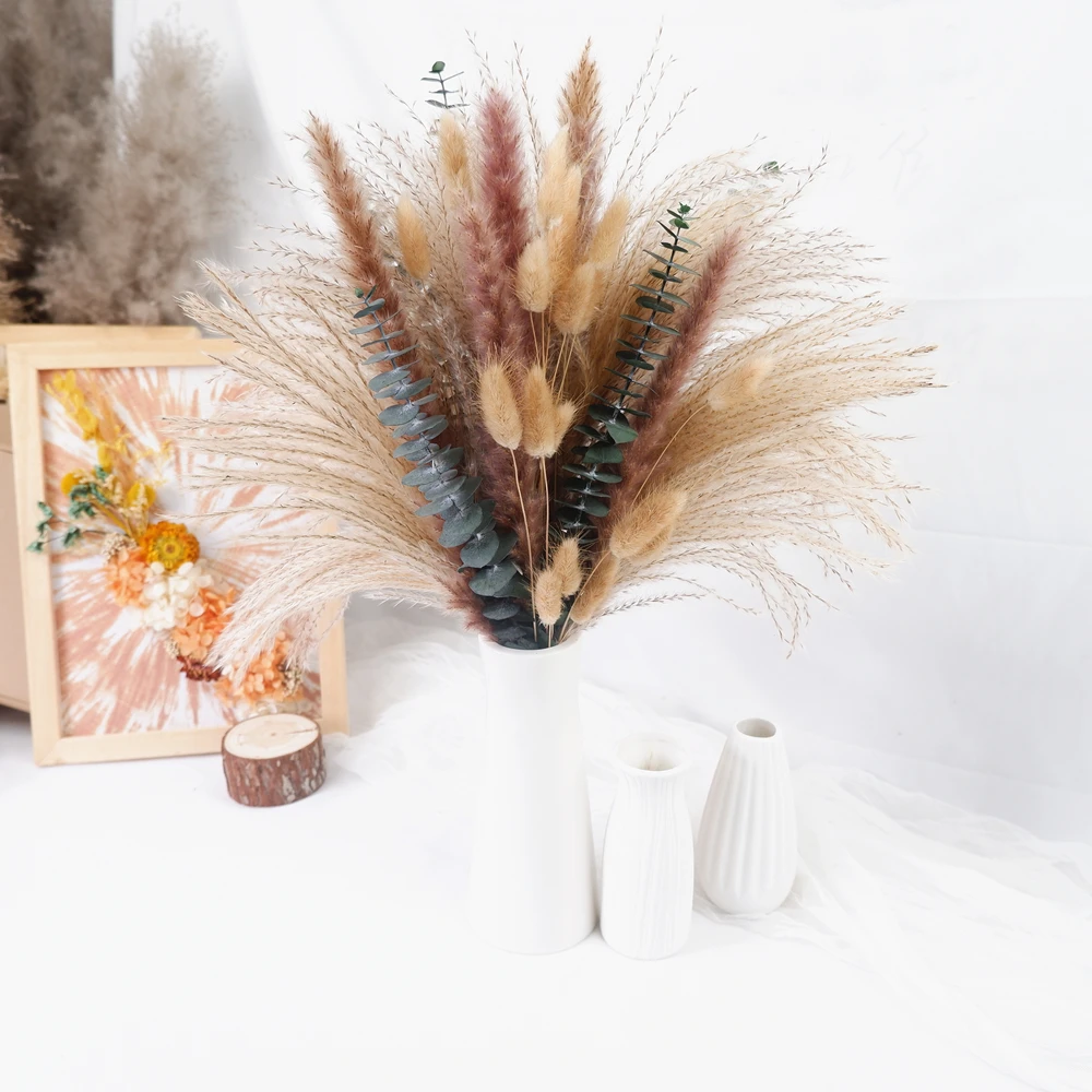 باقة زهور مجففة وباقة عشب بامباس مكونة من 60 قطعة - ديكور منزلي بوهو طبيعي لعيد الميلاد وعيد الشكر والهالوين