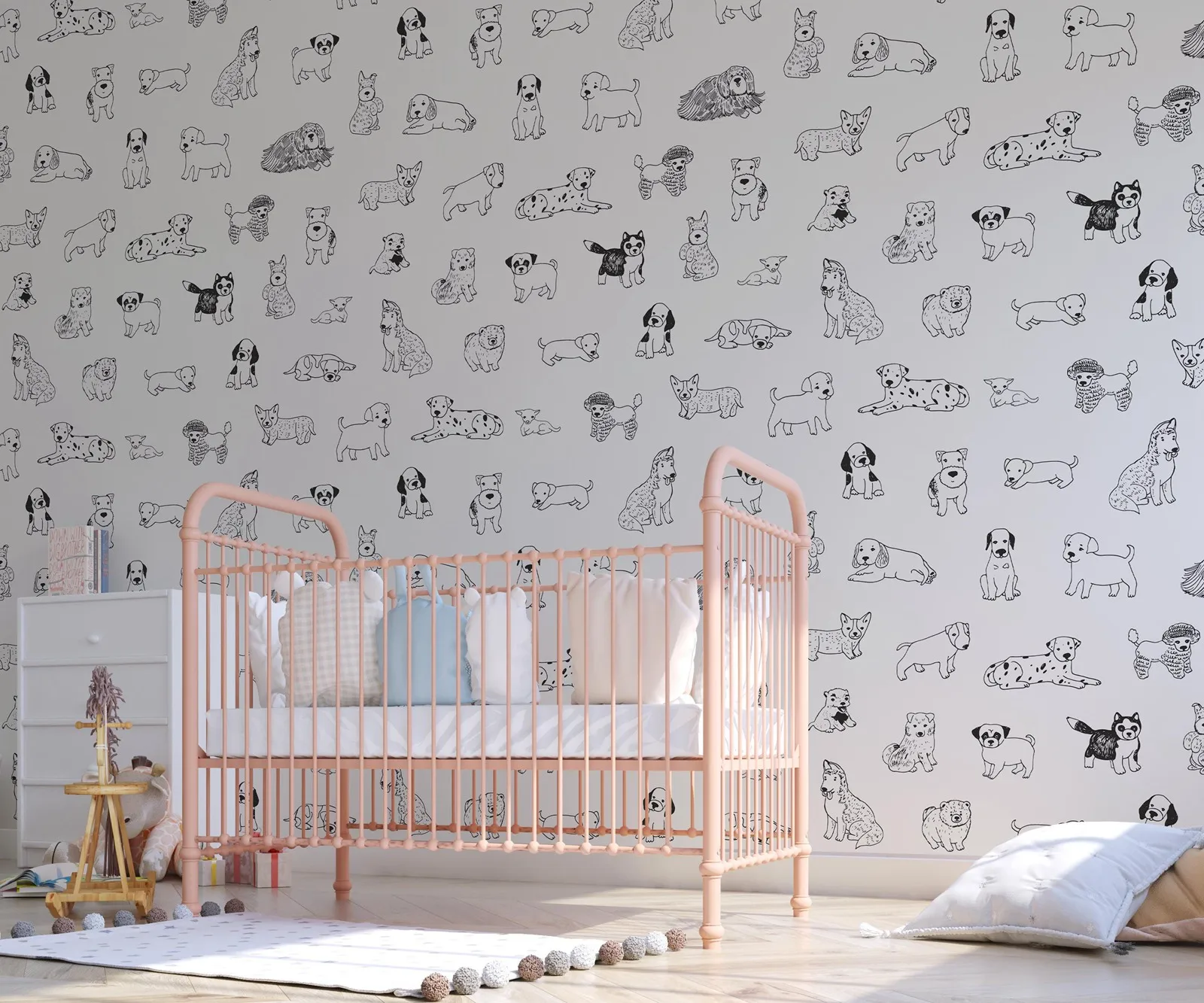 犬の剥がして貼る壁紙、かわいい取り外し可能な白黒の犬のスケッチ壁紙、保育園の子供部屋の装飾用、犬の壁アート紙