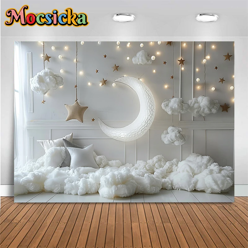 White Wall Backdrop For Photography Moon Stars Cotton Baby Shower Birthday Party Background Indoor Decoration Studio Photobooth