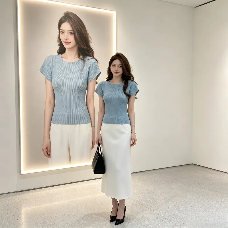 Miyake Pleated 2026 Original T-Shirt for Women Summer New Slim Fit Versatile Casual Age-Reducing Tie Top Women's Short Sleeve