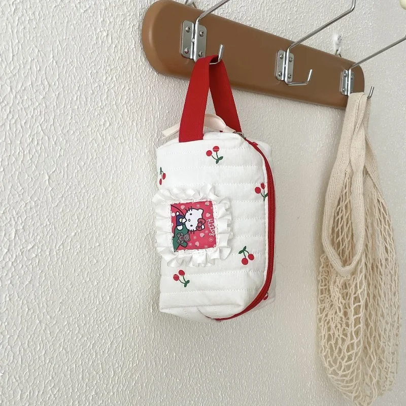 

Kawaii Hello Kitty Cherry Patch Makeup Bag Aesthetic Portable Travel Cosmetic Organizer Cute Pouch for Women Girls Students Gift