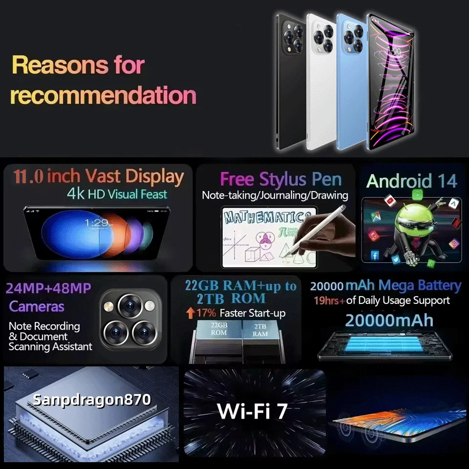 تابلت إصدار عالمي أصلي جديد 2025 يعمل بنظام أندرويد 14 Pad 15 Pro 22GB + 2TB سنابدراجون 870 تابلت 5G بطاقة SlM مزدوجة WIFI HD 4K Mi Tab