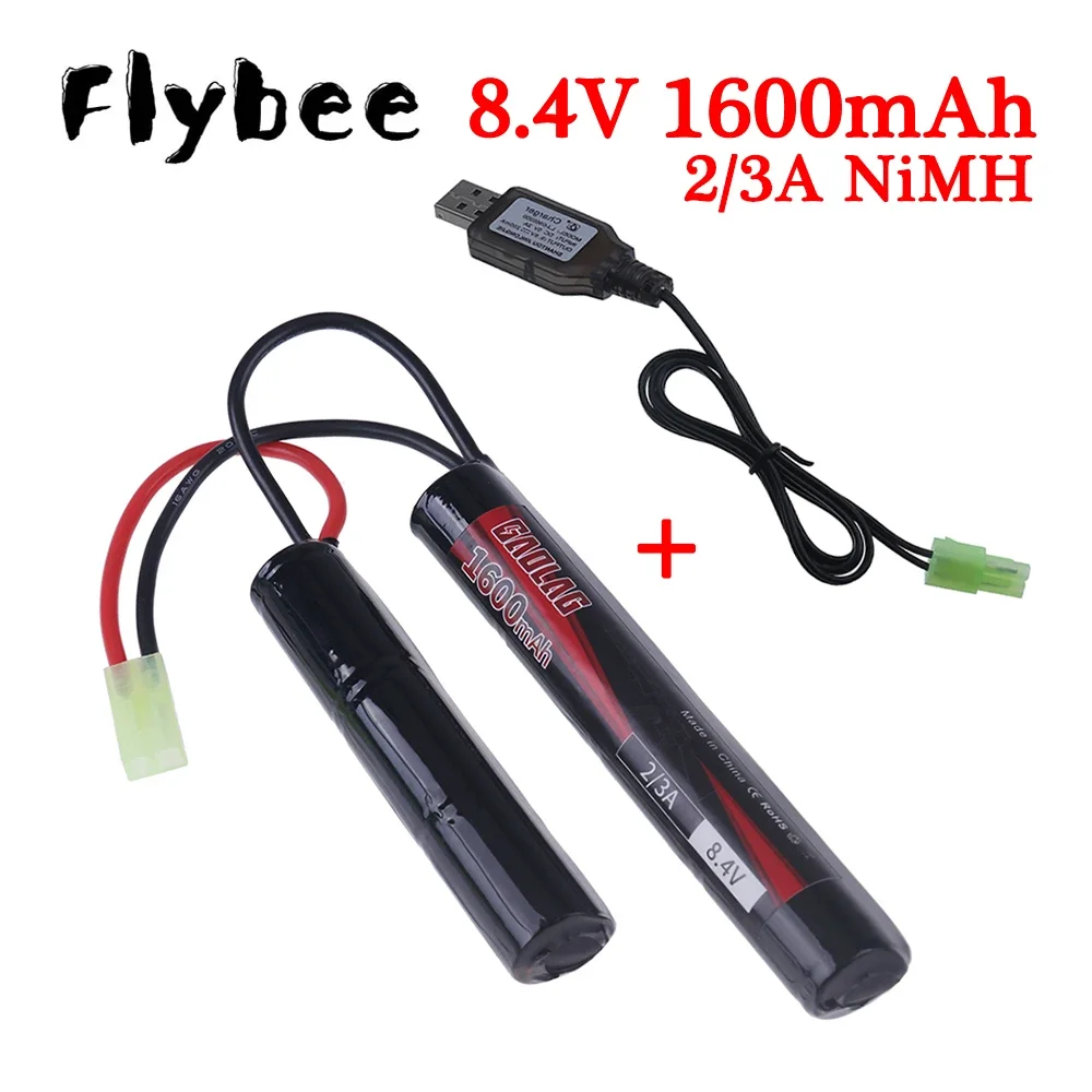 2/3A 8.4v 1600mAh Butterfly Nunchuck NIMH Battery Pack with USB Charger for Airsoft Guns M110, SR25, M249, G3 Rifle Accessories