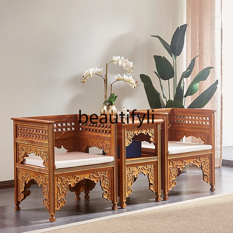 South East Asia Solid wood coffee table sofa combination three-piece set, Thai home living room Zen sofa chair coffee table