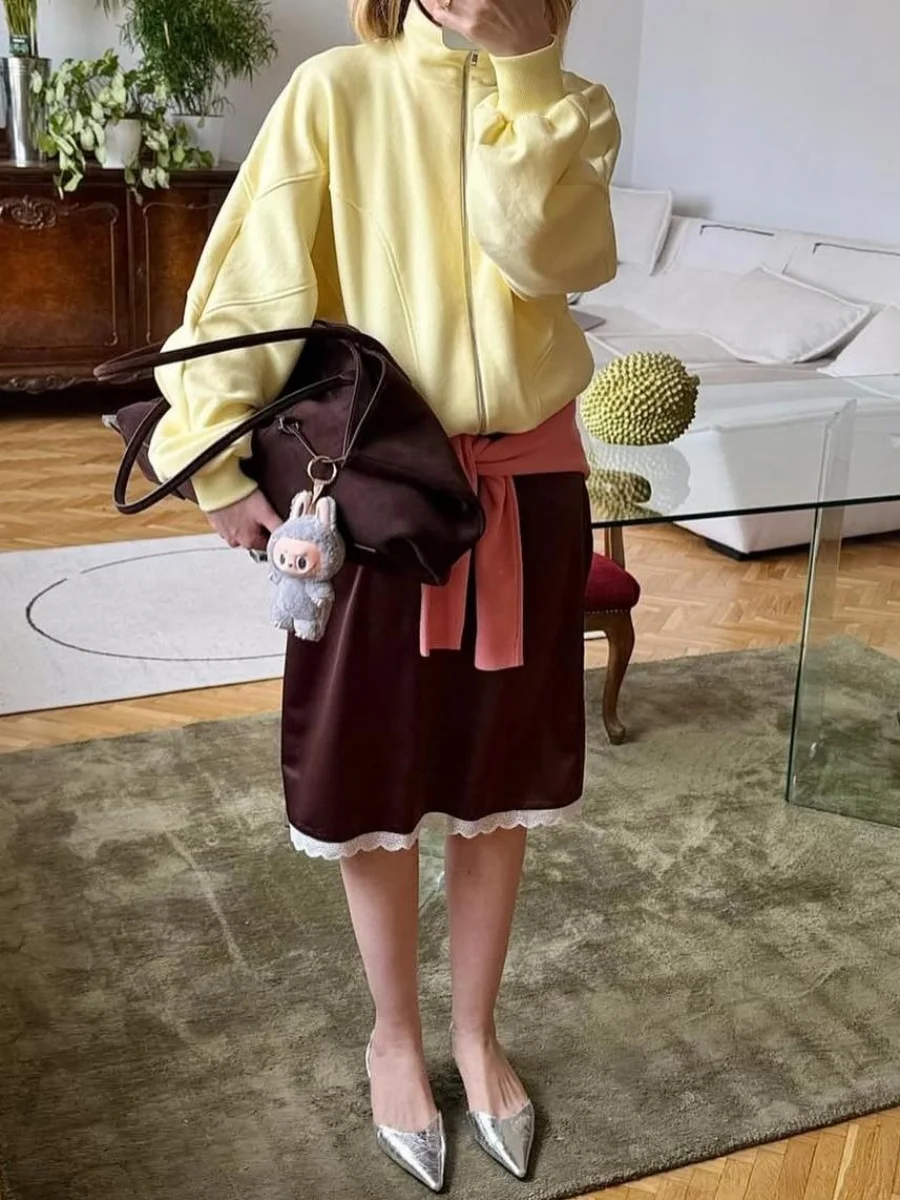 Новая мода атласная юбка-миди платье женская новая кружевная лоскутная элегантная юбка осень с высокой талией однотонная кружевная юбка трапециевидной формы наряды