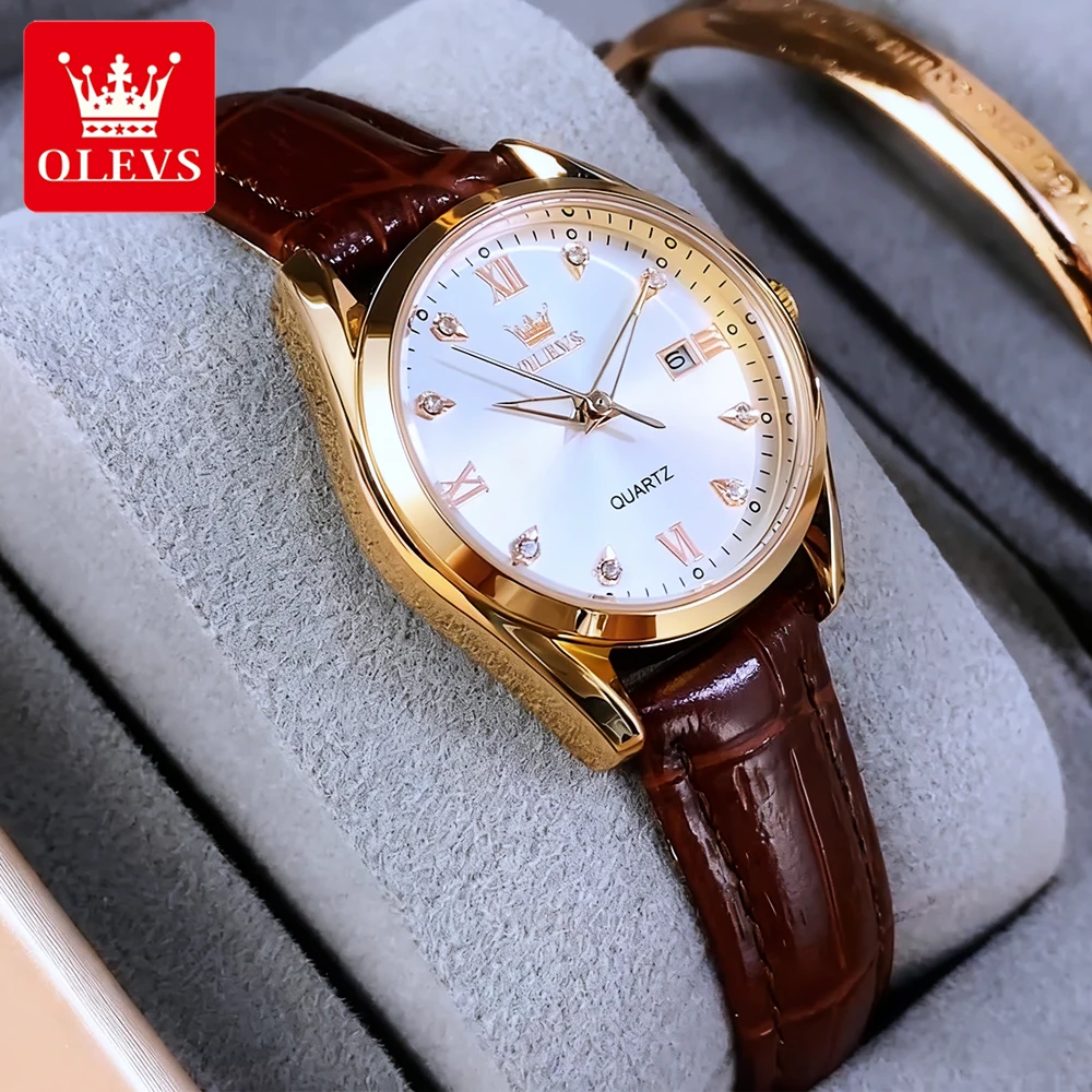 OLEVS Casual Luxury Women's Watches Comfortable Leather Strap Rose White Original Quartz Wristwatch for Lady Waterproof Luminous