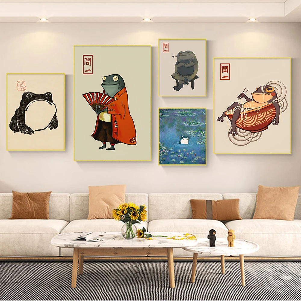 Vintage Japanese Matsumoto Hoji Frog Wall Canvas Print Art Poster Cute Green Toad Picture for Living Room Home Decor Cuadros