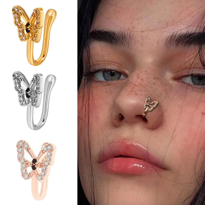 Egirl Butterfly Nose Ring Fake Piercing Nose Cuff Modern Clip On Jewelry Set Sparkling Crystal Butterfly Accessory Aesthetic