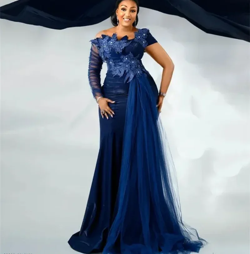 

Customized Aso Ebi Arabic Navy Blue Mermaid Evening Dresses Crystals Lace Formal Party Birthday Celebrity Mother Of Bride Gowns