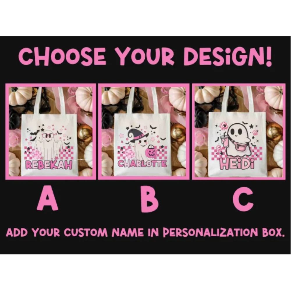 حقيبة خدعة أو حلوى مخصصة مع شبح وردي لطيف، هدية مخصصة للهالوين، حقيبة الهالوين للأطفال خدعة اسم مخصص